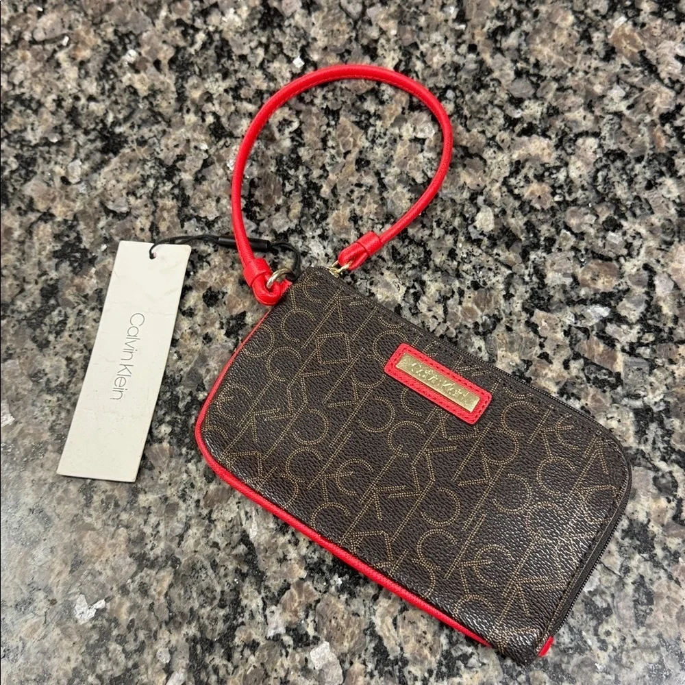 Calvin Klein Logo Wristlet in Brown and Red NWT